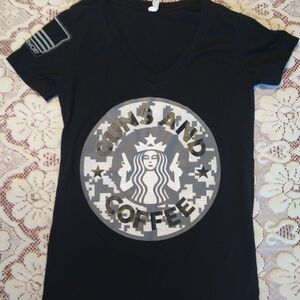Women's Black Graphic V Neck Shirt - Guns And Coffee - Starbucks Parody